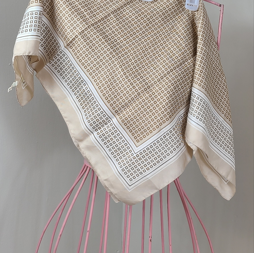 Vintage 100% Polyester SCARF 26" Square Italy Geometric Tan Italy